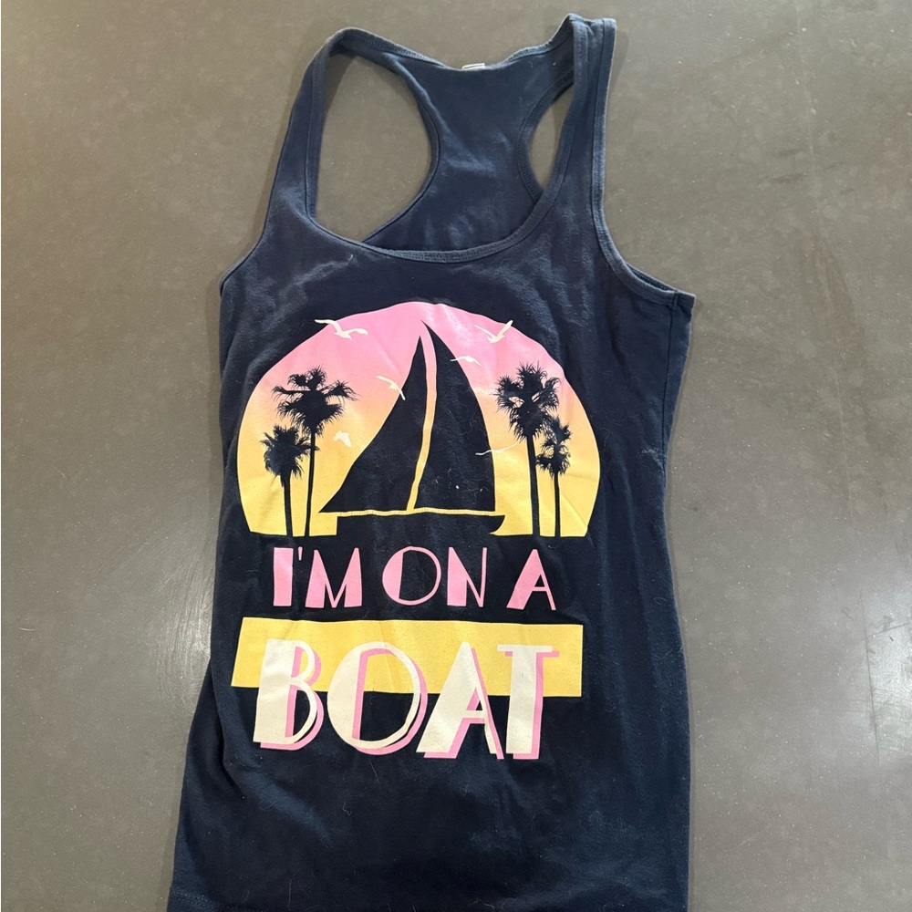 Navy Graphic Tank Top - I'm On A Boat medium